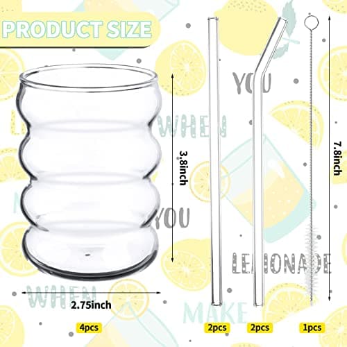 SevenMye 4 Pack Creative Beer Glasses Cups Ripple Shaped Vintage Clear Drinking Glasses with Straws Set Cute Drinking Glasses Coffee Glasses Ribbed Glassware Aesthetic Cups for Kitchen Juice Beverage thumbnail 2