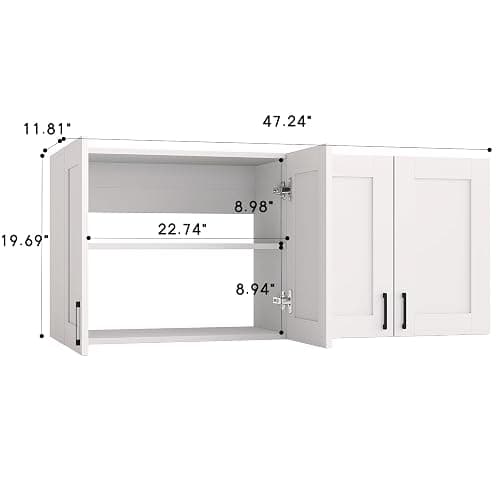 White Laundry Room Cabinets and Storage with 4 Doors and Utility Adjustable Shelf，Gabinetes Para Cocina Cupboard Kitchen Organizers and Storage Pantry Wall Mounted 12.4"D x 47.2"W x 19.7"H - 4 door thumbnail 3