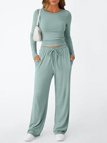 Trendy Queen Women's 2 Piece Matching Lounge Set Long Sleeve Slightly Crop Top Wide Leg Pants Casual Sweatsuit thumbnail 2