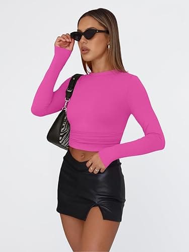 Trendy Queen Womens Long Sleeve Shirts Fall Fashion 2025 Basic Crop Tops Going Out Workout Outfits Y2k Clothes - Small - Hot Pink thumbnail 5