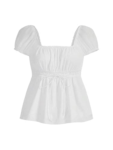 SOLY HUX Women's Short Sleeve Babydoll Tops Cute Summer Blouse | Peplum Top for Teen Girls, Square Neck, Lace Tops, Summer T Shirts thumbnail 3