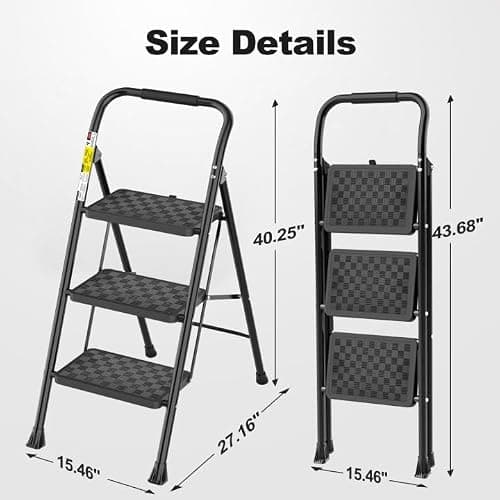 HBTower 3 Step Ladder, 3 Step Stool for Adults, 3 Step Ladder Folding Step Stool with Cushioned Handle Step Ladder with Wide Pedal Ergonomic Design,Black thumbnail 2