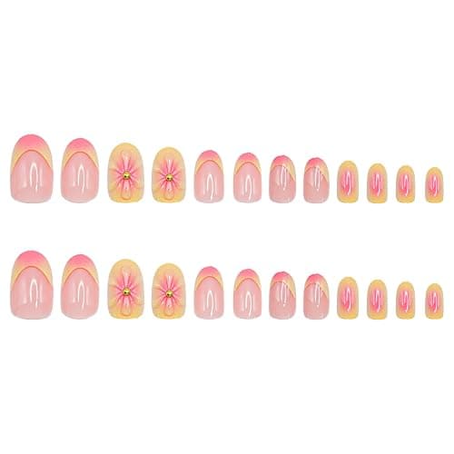 Press on Nails Short Almond SWEKKE French Tip Fake Nails False Nails with Designs 3D Flower Yellow & Pink Stick on Nails Glossy Glue on Nails Acrylic Nails for Women Girls 24 Pcs thumbnail 4