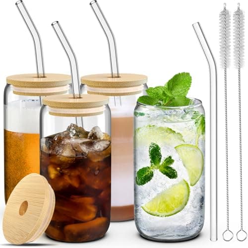 4 Set Glass Cups with Lids and Straws 16 oz, Glasses Drinking Set, Iced Coffee Cup with Bamboo Lids, Drinking Glasses Tumbler with Straw and Lid, Glass Can Coffee Cups, Drinking Glassware, 2 Brushes - Image 1