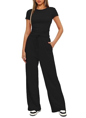 Darong Women's 2 Piece Set Outfits Lounge Sets Ruched Short Sleeve Tops High Waisted Wide Leg Pants Tracksuit Sets thumbnail 3