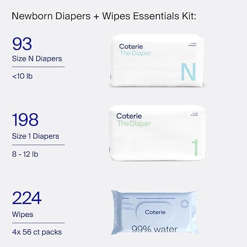 Coterie Baby Wipes + Diapers Kit, Size 1 (198 Count) & Size Newborn Diapers (93 Count), 4 Pack (224) Wipes with 99% Water, Plant Based Materials, Hypoallergenic for Sensitive Skin, Baby Essentials - Size 1 (198 Count) + NB (93 count) + Wipes (4 Pack) thumbnail 2
