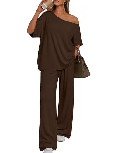 Trendy Queen Womens 2 Piece Lounge Sets Matching Comfy Outfits Clothing | Off Shoulder Oversized Tshirts & Wide Leg Pants Outfits - Image 1