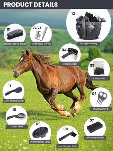 inoreal Horse Grooming Kit 12 Pieces Set – Complete Horse Brushes & Care Supplies Set with Organizer Tote Bag, Equine Coat Grooming Tools, Tack Room Equipment & Gifts for Horse Owners & Lovers thumbnail 2
