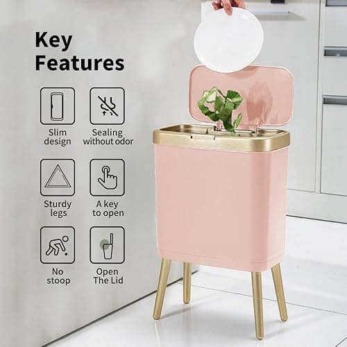 Procade Bathroom Trash Can with Lid, 4 Gallon Pink Garbage Can, Tall Plastic Trash Bin with Push Button, Slim Gold Trash Can Waste Basket for Room, Bedroom,Office,Kitchen thumbnail 2
