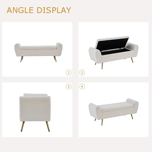 AIITTCC Storage Bench for Bedroom, 55" Extra Long Bench for King Size Bed, Modern Upholstered End of Bed Ottoman Bench with Arms for Entryway Living Room (Teddy, Ivory White) thumbnail 7