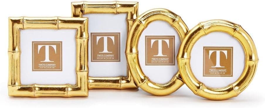 Two's Company 4 Assorted Antique Gold Faux Bamboo Photo Frame Set - 3" Mini Picture Frames, Resin - Image 1