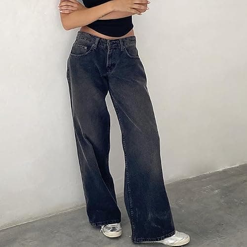 Women's Y2k Low Rise Baggy Jeans Washed Straight Wide Leg Denim Pants Casual Loose Vintage Fit Boyfriend Jean Denim Pants thumbnail 5