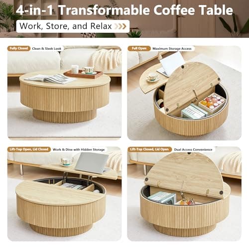 33" Round Coffee Table with Lift-Top & Flip-Top Storage, Modern Accent Fluted Coffee Tables with Metal Frame, Wooden Circle Center Table for Living Room Small Space Apartment Office (Natural) thumbnail 3