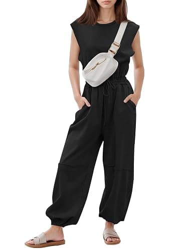 Flygo Womens Casual Jumpsuit Crewneck Cap Sleeve Long Wide Leg Pants One Piece Outfits Drawstring Romper with Pockets - Image 1