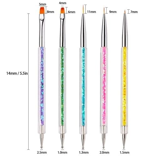 AIBEE Nail Art Brushes, 5pcs Double-Ended Acrylic Nail Brush Including 7/9/11mm Nail Liner Brush Flat Brushes and Nail Dotting Tools for Nail Art Design thumbnail 5