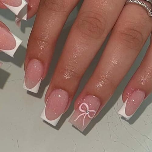 Foccna French Press on Nails White Square Acrylic Fake Nails Full Cover False Nails Pink Glossy Artificial Stick on Nails for Women Reusable Fake Nails Kit 24Pcs - Image 1