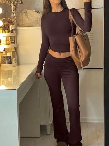 AYWA Women's 2 Piece Outfits Foldover Flare Pants Long Sleeve Crew Neck T-shirt Fitted Pajama Sets thumbnail 3