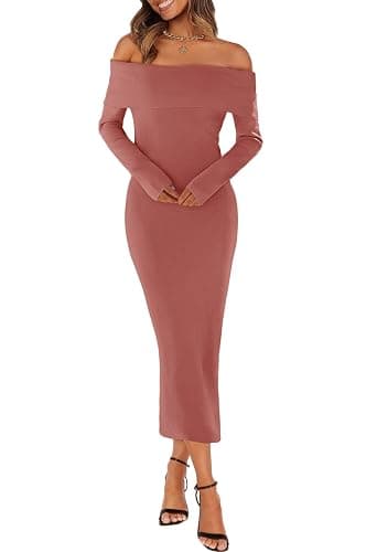 MEROKEETY Women's Fall Off Shoulder Bodycon Sweater Dress 2025 Formal Long Sleeve Elegant Club Party Midi Maxi Dresses thumbnail 2