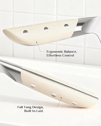 Haugo Kitchen Knife Set with Block: 14-Piece German Stainless Steel Full Tang Professional Knife - Comfortable Grip Reduces Hand Fatigue 30% - Dishwasher Safe & Sharpener - White Knife Set for Cooking thumbnail 6