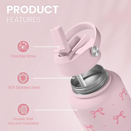 SANDJEST Pink Bow Water Bottle Stainless Steel Insulated Vacuum 32oz with Lid, Gifts for Women Girls Teens Birthday Christmas thumbnail 3