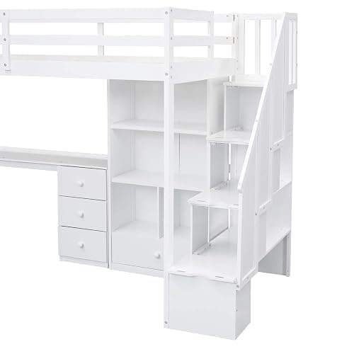 Harper & Bright Designs Twin Size High Loft Bed with L-Shaped Desk, Wood Twin Loft Bed with Storage Drawers and Cabinets, White thumbnail 7