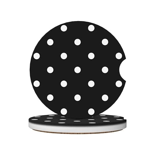 LDHUJDFK 2 PCS Car Coasters Polka Dot Black and White Simple Pattern Vehicle Cup Holder Cork Back & Finger Notch Insert Coaster Suitable for Most Car - Image 1