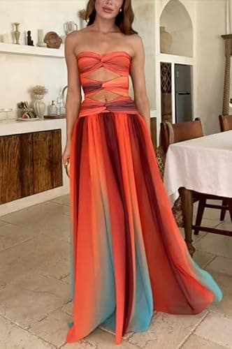Seyumixi Women Tie Dye Maxi Dress Strapless Gradient Hollow Out Long Dress Summer Off Shoulder Flowy Elegant Dresses thumbnail 5