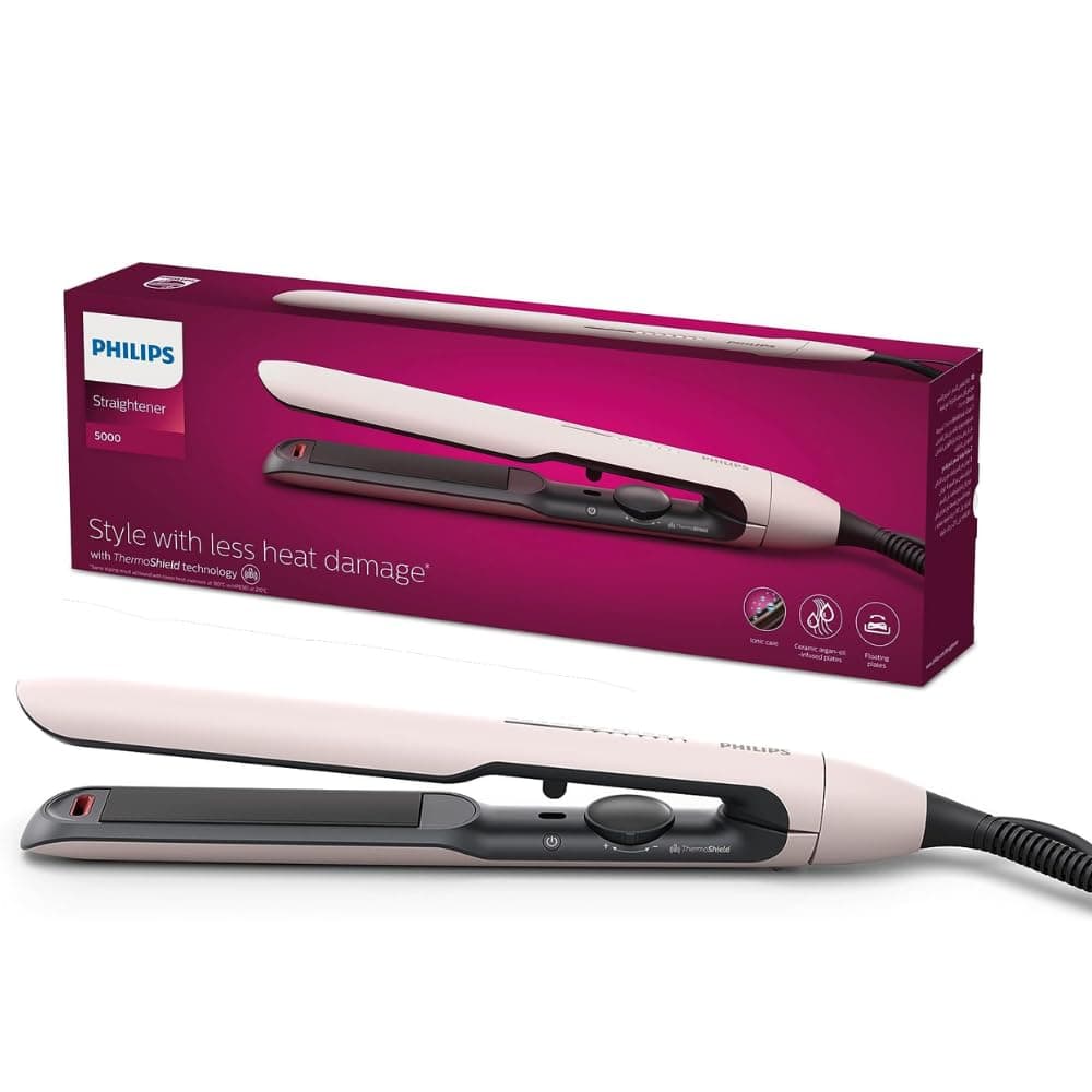 Philips 5000 Series Straightener, ThermoShield Technology, 50% Faster Straightening with Ionic Care, Argan Oil Infused Floating Plates, Temperature Display, BHS510/50, Pearl Peach - Image 1