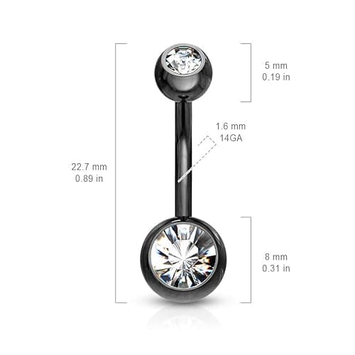 FIFTH CUE 14GA Black Titanium IP 316L Double CZ Barbell Belly Button Ring, Surgical Steel Belly Button Piercing Jewelry, Hypoallergenic Belly Ring for Women, Navel Piercing thumbnail 2