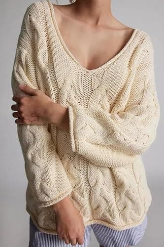 Melliflo Womens Oversized Cable Knit Sweater Fall V Neck Chunky Knit Sweater Casual Pullover Sweater Top thumbnail 2