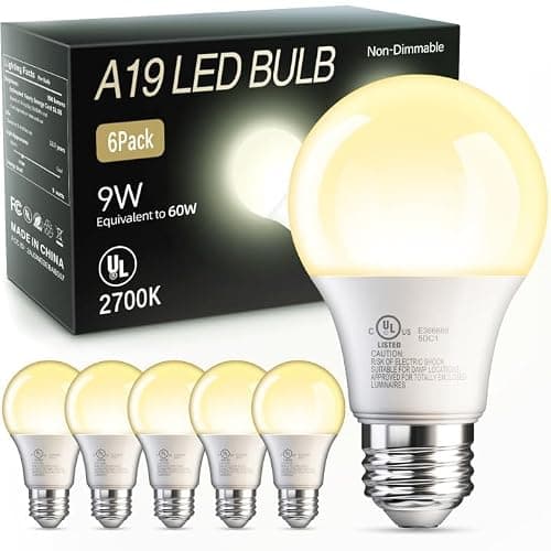 TJOY 6 Pack A19 LED Light Bulbs, 60 Watt Equivalent LED Bulb, Soft Warm White 2700K, Efficient 9W, E26 Standard Base, Non Dimmable Energy Saving Lightbulb, 800LM, 80 CRI, 120V, UL Listed - Image 1