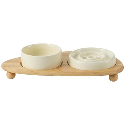 Havniva Ceramic Slow Cat Feeder Set, Raised 6.1-inch Slow Cat Food Dish and 5.1-inch Water Bowl with Wooden Stand, Circle Shape. (2 x Bowl with Stand - Beige, 6inch) - Image 1