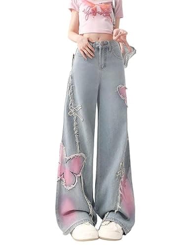 Y2K Baggy Ripped Jeans for Women – Wide Leg Butterfly Print & Star Patch Distressed Denim Pants High Waist Streetwear - Image 1
