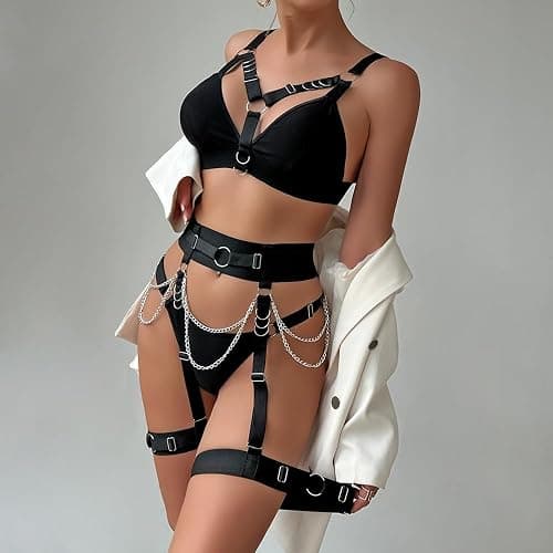 Alrovetoney Sexy Lingerie Set For Women With Garter Belt 5 Pieces Strappy Bra and Panty Set Adjustable With Chain thumbnail 8