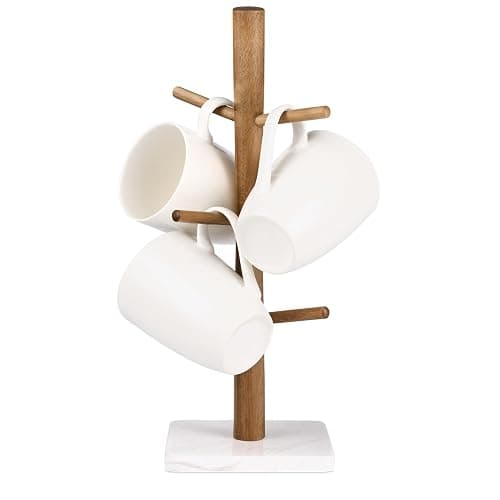 Buruis Wood Mug Holder, Marble Base Cup Rack Tree, Cup Stand Hanger, Kitchen Coffee Mug Tree Countertop Tea Cups Holder Stand, Coffee Mugs Dryer with 6 Hooks, White - Image 1