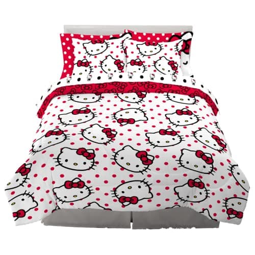 Hello Kitty Polka Dot Bedding 7 Piece Super Soft Comforter and Sheet Set with Sham, Full, (Official Licensed Product) by Franco Collectibles - Image 1