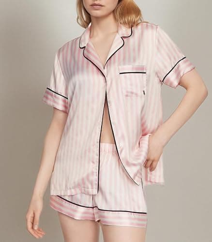 Victoria's Secret Satin Pajama Set, Short Sleeve Button Down Shirt & Shorts, Sleepwear for Women (XS-XXL) - X-Large - Pink Iconic Stripe thumbnail 6
