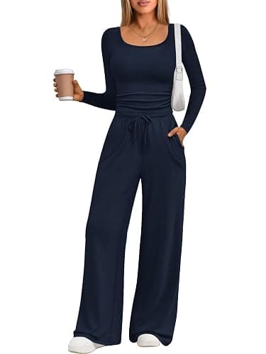 Trendy Queen 2 Piece Scoop Neck Lounge Set Womens Wide Leg Pants Side Ruching Slightly Crop Top Sweatsuit Sets With Pockets - Image 1