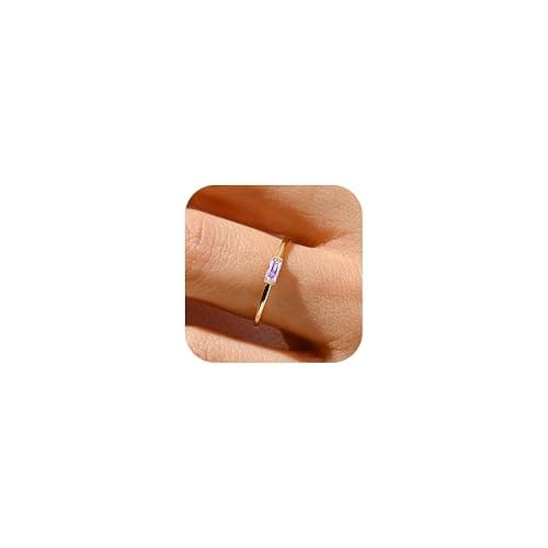 RLMOON Gold Birthstone Rings for Women Non Tarnish Gold Stackable Rings Dainty 14K Gold/Silver Plated Baguette CZ Emerald Green Ring Personalized Jewelry Gift for Birthday Size 4-10 - Image 1