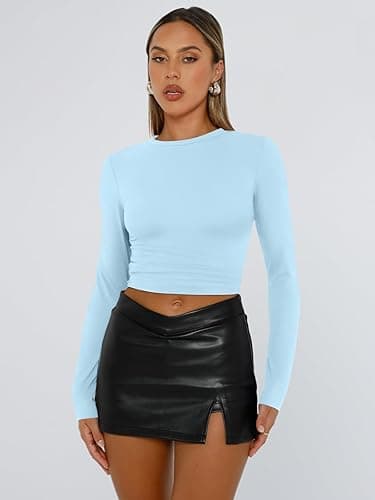 Trendy Queen Womens Long Sleeve Shirts Fall Fashion 2025 Basic Crop Tops Going Out Workout Outfits Y2k Clothes - Small - Baby Blue thumbnail 2