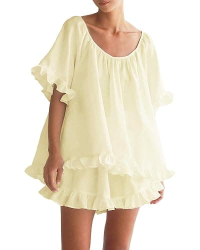 Xfileen Women Ruffle 2 Piece Set Short Sleeve Top and Shorts Set Cotton Pjs | ruffle pajams set, summer cotton set,soft,lightweight,breathable,cute 2 piece shorts sets - Image 1