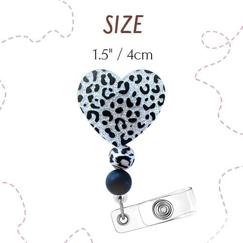 Cheetah Leopard Heart Badge Reel Holder ID Name Retractable Clip Lanyard with Cute Beaded Print Zebra Zoo Keeper Glitter Bling for Nurse Nurses CNA CMA Nursing Healthcare Silver Supplies thumbnail 2