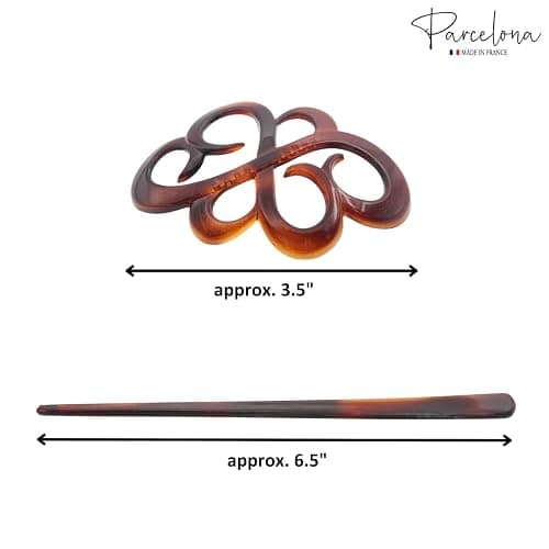 Parcelona French Wide Flower Tortoise Shell Brown Bun or Ponytail Bun Holder Hair Slider Pin Thru Clip with Stick thumbnail 7