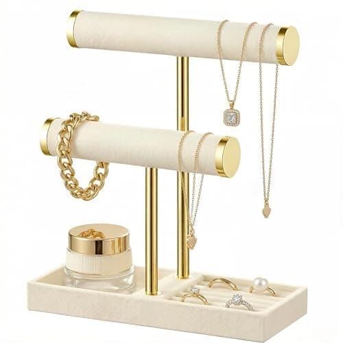 Xnqelerate Schmuckständer mit 2 Ebenen, Schmuckaufbewahrung, Abnehmbarer T-Steg Schmuck Ständer, Schmuck Organizer, Jewelry Organizer für Armband, Uhren, Ringe, Halskette (Beige) - Image 1