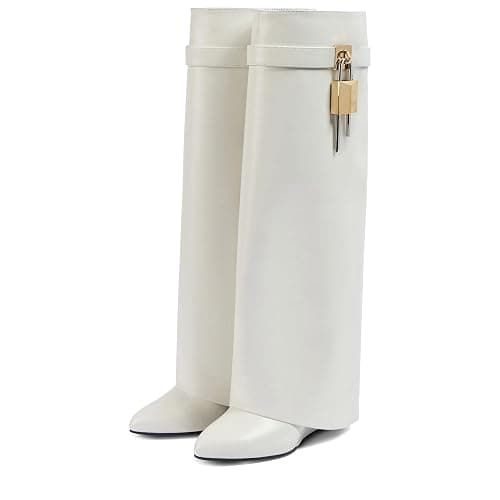 Arqa Fold Over Knee High Boots for Women Covered Wedge Heel Shark Boots Pull-on Wide Calf Boots Fashion Party Almond Toe Booties - Image 1