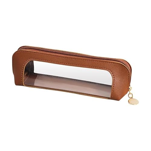 UUYYEO Clear PU Leather Makeup Bag Portable Makeup Brush Pouch Cosmetic Organizer Zipper Pouch Travel Makeup Storage Bag Small Toiletry Pouches Lipstick Organizer Bag Brown - Image 1