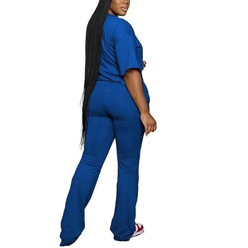 PINSV Women 2 Piece Outfits Short Sleeve Top and Flare Pants Lounge Sets Tracksuit - XX-Large - Blue thumbnail 2