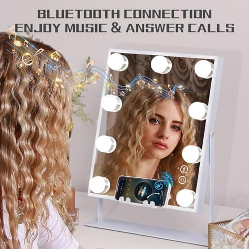 COOLJEEN Vanity Mirror with Lights and Bluetooth, Wireless Charging Lighted Vanity Mirror with Phone Stand, 9-Bulb 3 Color Lighting Tabletop Lighted Makeup Mirror, 360°Rotation - C-white-speaker & Wireless Charging-9 Bulbs thumbnail 2
