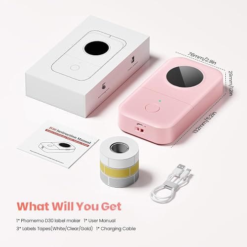 Phomemo D30 Label Maker Machine with 3 Tapes - White Clear Gold Labels, Portable Handheld Bluetooth Mini Label Maker Printer, Multiple Templates for Smartphone Thermal Small Label Printer Rechargeable - Pink - 1 Printer + 3 Roll Papers thumbnail 6