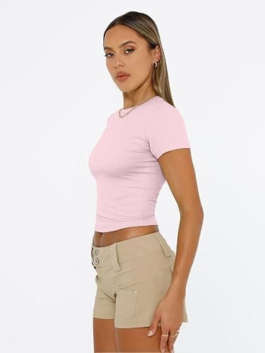 Trendy Queen Womens Short Sleeve T Shirts Summer Crop Tops Basic Slim Fit Gym Workout Y2k Clothes thumbnail 5